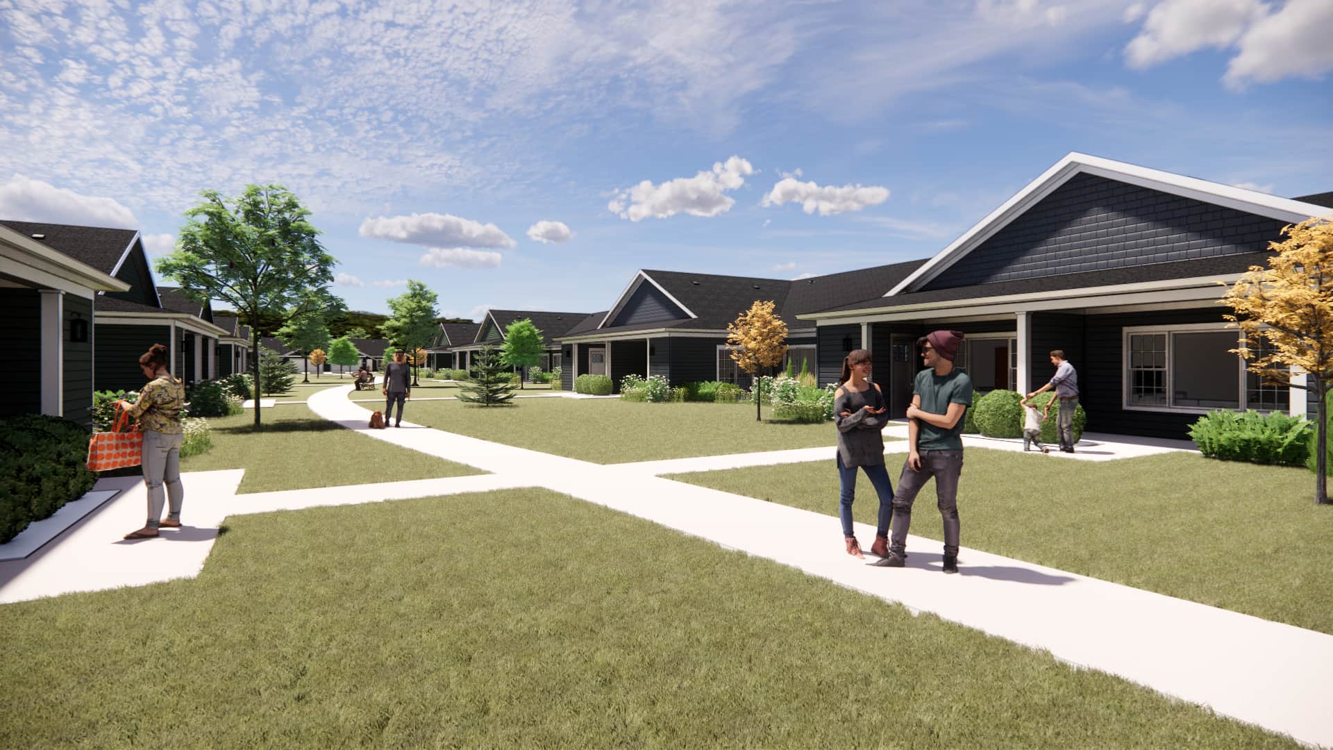 Rendering of walking path and connected homes